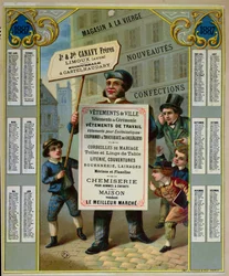 Promotional calendar for 1887 advertising Canavy Freres tailors and haberdashery