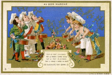 Promotional card for the Parisian Department Store Au Bon Marché, depicting cooks dancing on the Bridge at Avignon, c.1895