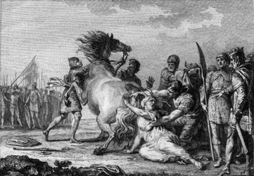 Punishment of Brunehaut, 613: Brunehaut or Brunehilde (543-613), queen of Austrasia, is attached to the tail of an indomitable horse before being dragged to the ground