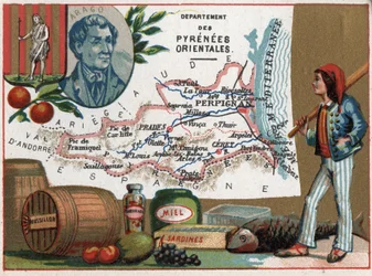 Pyrenees Orientales (66), Languedoc-Roussillon, Languedoc Roussillon, France. Portrait of Dominique Francois Jean Arago (1786-1853). Local speciality: Honey and Sardines. Series on the French Departments. Chromolithography 