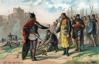 Rainfroy (Rainfroi), siege by Charles Martel at Angers, capitule, circa 717. Chromolithography around 1890