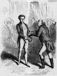 Rastignac dizzy lets the white-haired man take ten louis. Engraving mid 19th century. Illustration for The Father Goriot by Honore de Balzac (1799-1850)