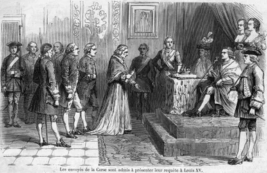 Reception of the Corsican deputation by King Louis XV (1710-1774) in 1769. The envoys ask for the island to be attached to France