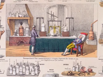 Recomposition of Water from Hydrogen and Oxygen: Antoine Laurent de Lavoisier (1743-94) Experimenting on the Respiration of a Resting Man, Illustration from an Educational Plate, c.1860