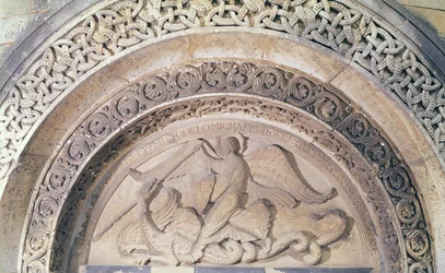 Relief from the tympanum depicting St. Michael and the dragon