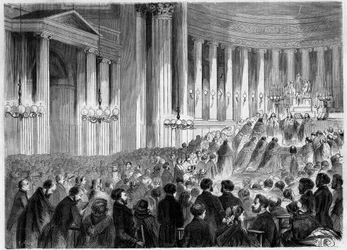 Religious Ceremony, Paris, Noel 1857: celebration of midnight Mass at the church of the Madeleine. Engraving in 