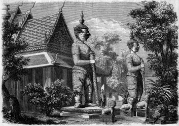 Religious Architecture: Exterior View of a Pagoda in Bangkok (Siam) in 1861. Engraving in 
