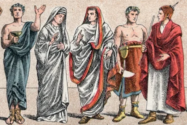 Religious costumes in Antiquity: portrait of a Greek priest, minister of sacrifice, a vestal, priestess of ancient Rome and a Great Pontiff in ancient Rome, a popa and a flamen Roman priest devoted to the worship of one god