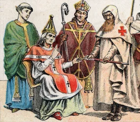 Religious costumes in the Middle Ages: portrait of a priest of the 10th century, a pope in the 11th century, a bishop in the 12th century and a member of the Order of Hospitallers
