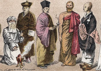Religious costumes of Asia: portrait of a Parsi priest, Lama, Chinese Buddhist priest, Ceylon bonze, and Japanese Buddhist priest