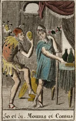 Representation of Comus, divinity of gourmets and cuisine, he presides feasts, represented leaning on a stake with a torch and Momus, personification of mockery and sarcasm, represented as a court jester. From 