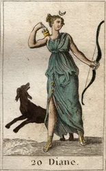 Representation of Diana, goddess of the hunt, she holds a bow and arrows. From “Mythology of Youth” by Pierre Blanchard, 1803.