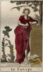 Representation of Euterpe, Muse of Music, Surrounded by Music Books and Playing Double Flute (Aulos). From 