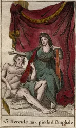 Representation of Hercules, lover of Omphale, lying at her feet, holding a distaff. From “Mythology of Youth” by Pierre Blanchard 1803.