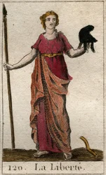 Representation of Liberty as a woman holding a Phrygian hat, and a spade. From 