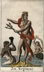 Representation of Neptune, god of the seas, he holds a trident. The god of the sea Neptune holds a trident. From “Mythology of Youth” by Pierre Blanchard, 1803.