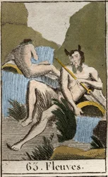 Representation of Rivers, old men with wet beard and hair, sitting near overturned urn. From 