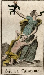 Representation of Slander, dragging her mother Envy by her hair, with a snake coming out of her mouth. From “Mythology of Youth” by Pierre Blanchard 1803.
