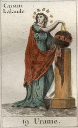 Representation of Urania, muse of astronomy and astrology, she holds a globe and a compass. From “Mythology of Youth” by Pierre Blanchard, 1803.
