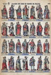 Representation of kings and queens of France from the Capetian dynasty (from Louis VII to Charles VIII). Illustration late 19th century