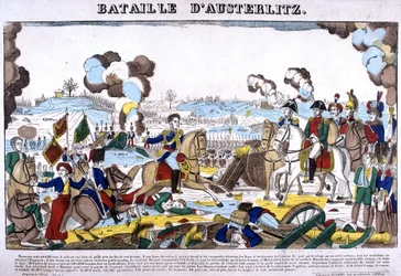 Representation of the Battle of Austerlitz, or Battle of the Three Emperors, on 02/12/1805. Picture of Epinal