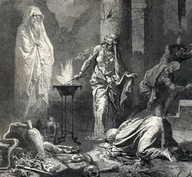 Representation of the Witch of Endor (or Pythoness of Endor), a Canaanite village mentioned in the first book of Samuel (Bible), who has a talisman with which she calls the ghost of the recently deceased prophet Samuel at the request of Saul, king of