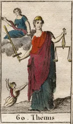Representation of the goddess of Justice and the Law, Themis, she holds a balance and a sword. (Representation of Themis, goddess of justice and law, she is blindfolded and holds a balance and a sword). From “Mythology of Youth” by Pierre Blanchard, 1803.