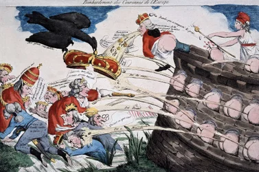 Revolutionary guides by Marianne bombing European sovereigns with their crap. Cartoon published during the French Revolution period. Etching. 1792. Musee Carnavalet