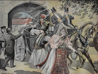 Revolver attack on Milan Obrenovich (1854-1901) former king of Serbia (1882 to 1889) on 7 July 1899 in the streets of Sofia. Engraving in 