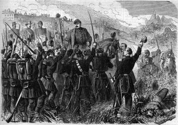 Risorgimento - Battle of Montebello della Battaglia (Italy), 21 May 1859: French general Elie Frederic Forey (1804 - 1872), commander of the Italian army, was triumphed by his soldiers after his victory over the Austrian army. Engraving in Le Monde Illu.