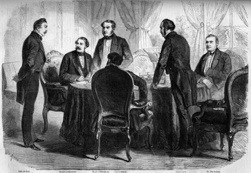 Risorgimento - Treaty of Zurich - 10 November 1859: signing of the Treaty of Zurich by the plenipotentiaries of France, Austria and Sardinia. Austria must abandon Lombardy to Italy. Engraving in 