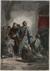 Robert II the Pious, capetian king of France in 996-1031, had a kindly feeling for the weak and poor (engraving from 