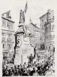 Rouen: members of the League of Patriots in front of the statue of Joan of Arc- drawing by Paul Merwart for the flag - illustrious monitor of the League of Patriots - 1884