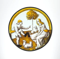Roundel with Couple Playing at Quintain