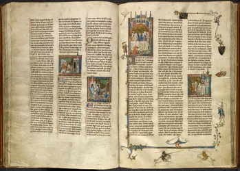 Lancelot Removing the Head of His Decapitated Grandfather, the King, Out of a Boiling Well; a Building Collapsing on Two Knights. On the Right, Miniature of Arthur and Guinevere Seated at a Banquet, from 