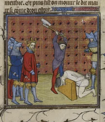 Royal 20 C. VII f.134v Leaders of the Jacquerie uprising against the French nobility beheaded on the orders of the King of Navarre, from the 