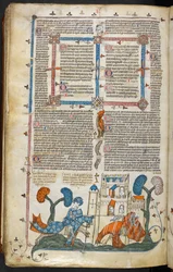A bas-de-page scene of one knight unhorsing another before a castle