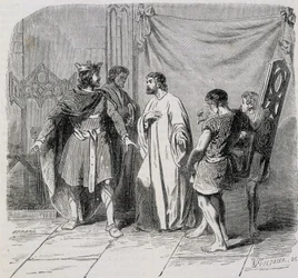 Saint Eloi and Dagobert: Dagobert was amazed when Eloi introduced him the second armchair - engraving, 19th century