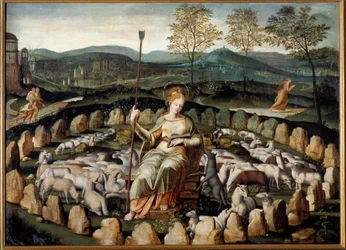 Sainte Genevieve, patron saint of Paris, keeping her sheep