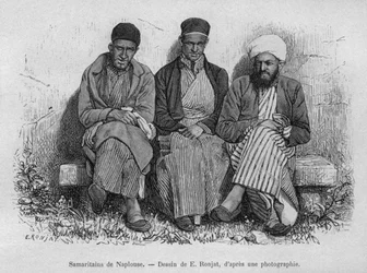 Samaritans of Nablus, from La Syrie daujourdhui. Voyages dans la Phenicie, le Liban et la Judee. 1875-1880 by Louis Charles Emile Lortet, 1884