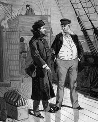 Samuel Finley Breese Morse (1791-1872), American painter and physicist, speaking, on his return to the United States, with the captain of the ship, about his idea of an electric telegraph. in “Popular history of science, inventions and discoveries from the