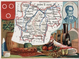 Saone et Loire, Burgundy, France. Portrait of Alphonse de Lamartine. Series on the French Departments. Chromolithography around 1890