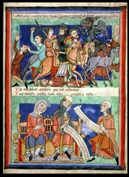 Satan armed with a torch killing two shepherds and their flock and a shepherd announcing the news to Job, from Moralia in Job by Pope Gregory the Great