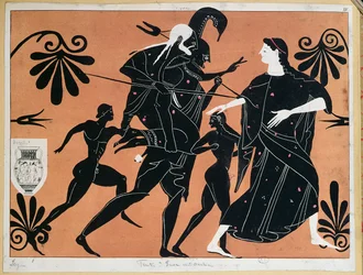 Scene from an ancient Greek vase depicting the flight of Aeneas from Troy with his sons and carrying his father Anchises on his back