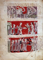 Scene of student life at the Collège de Hubant, or Ave Maria, in Paris. Scenes of student life and college regulations. Strips 4 to 6. Manuscript page from the “Livre des statuts du Collège de Hubant ou de l