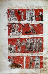 Scene of student life at the College of Hubant or Ave Maria in Paris Scenes of student life (charity works, distribution of books, maintenance of the lower courtyard) and college regulations. Bands 24 to 27. Manuscript page Livre des statutes du College