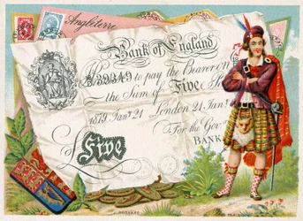 Scottish soldier guarding a Bank of England Five Pound Note, 1886-95