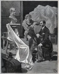 Sculpture, workshop of a sculptor, focus and sculpture of a bust. Engraving from 1880 in Les arts et metiers illustres by Adolphe Bitard.