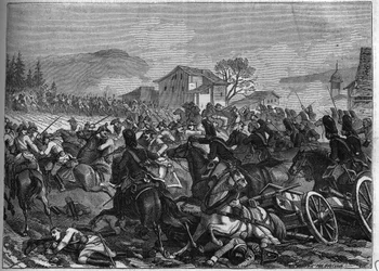 Second Coalition: Battle of Stockach on 3 May 1800 opposing France and Austria - Engraving of 1865 in 
