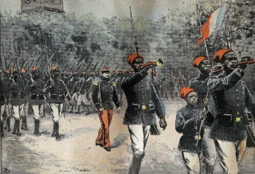 Senegalese Tirailleurs returning from the African exploration mission of Commander Jean-Baptiste Marchand, commanded by Captain Mangin preparing for the review of July 14